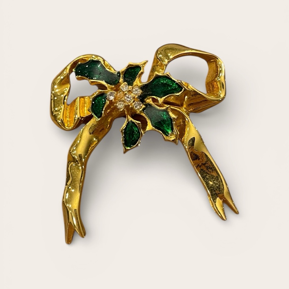Goldtone Christmas Ribbon Green Holly Leaves White Rhinestone Flowers Vintage